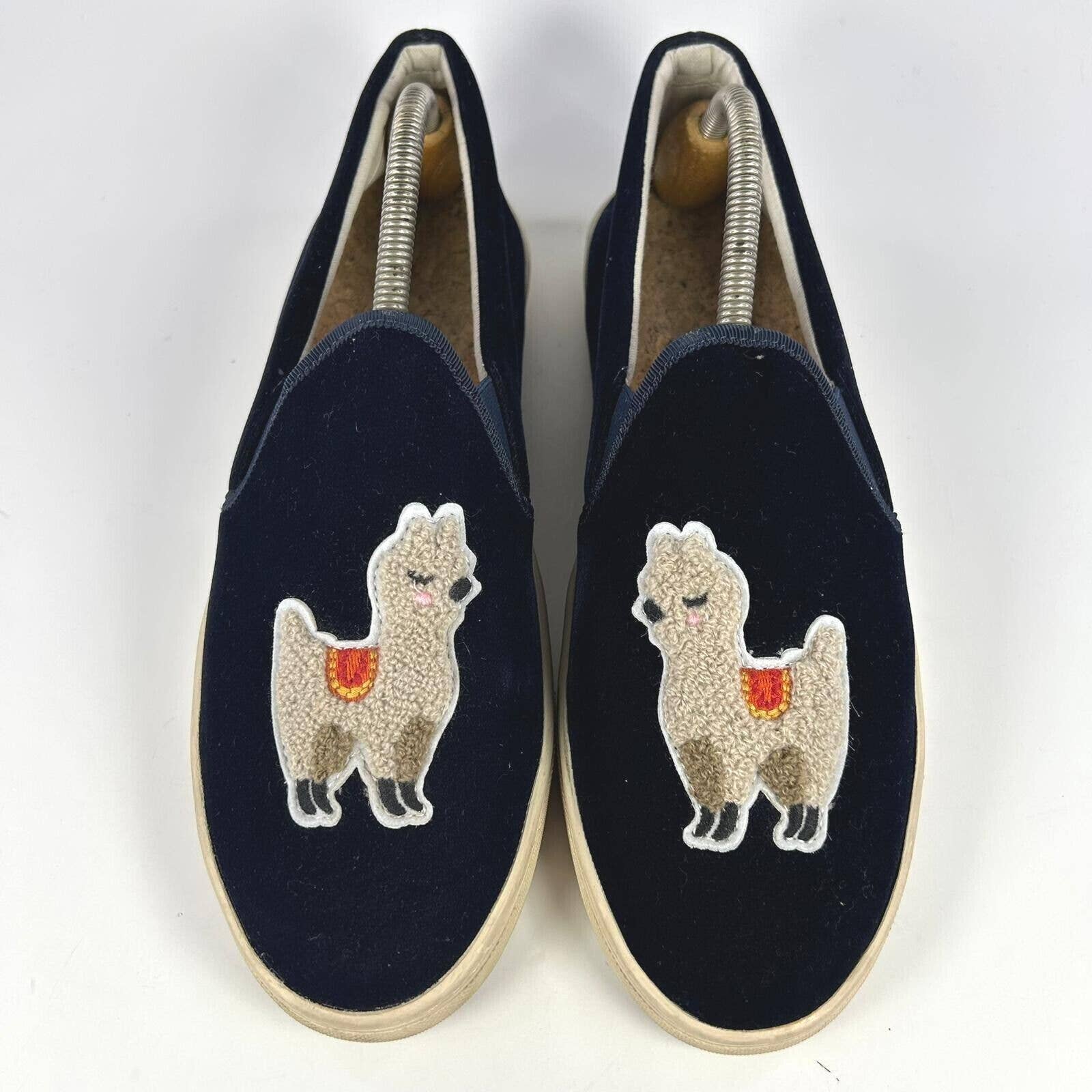 Soludos Women's Navy Blue Velvet Llama Shoes Us 11 Embroidered Slip-On Sneakers